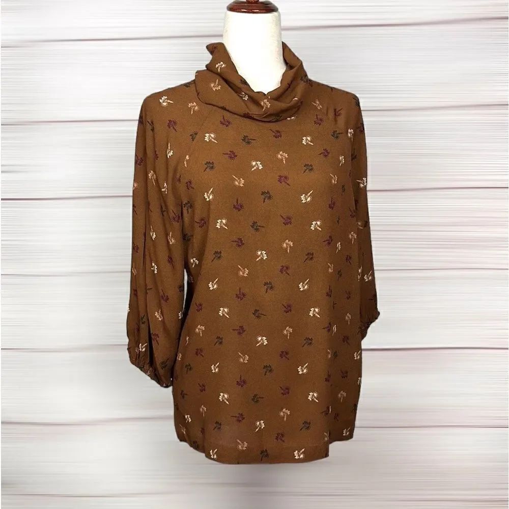 MeimeiJ Italy Cowl - Turtleneck Viscose Brown Floral Blouse Button Down Back